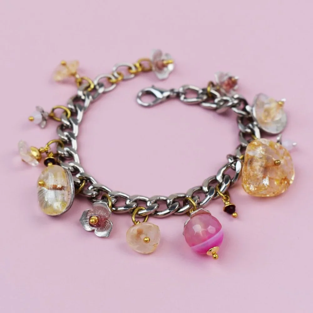 Chunky colorful charm silver chain bracelet, pink gemstone bead dangle bracelet